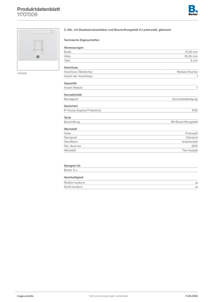 Bild Berker Produktdatenblatt 11707009 | Hager Deutschland