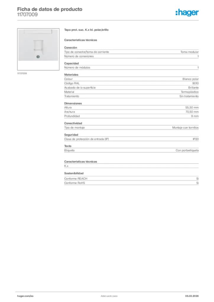Imagen Hager Ficha de datos de producto 11707009 | Hager España