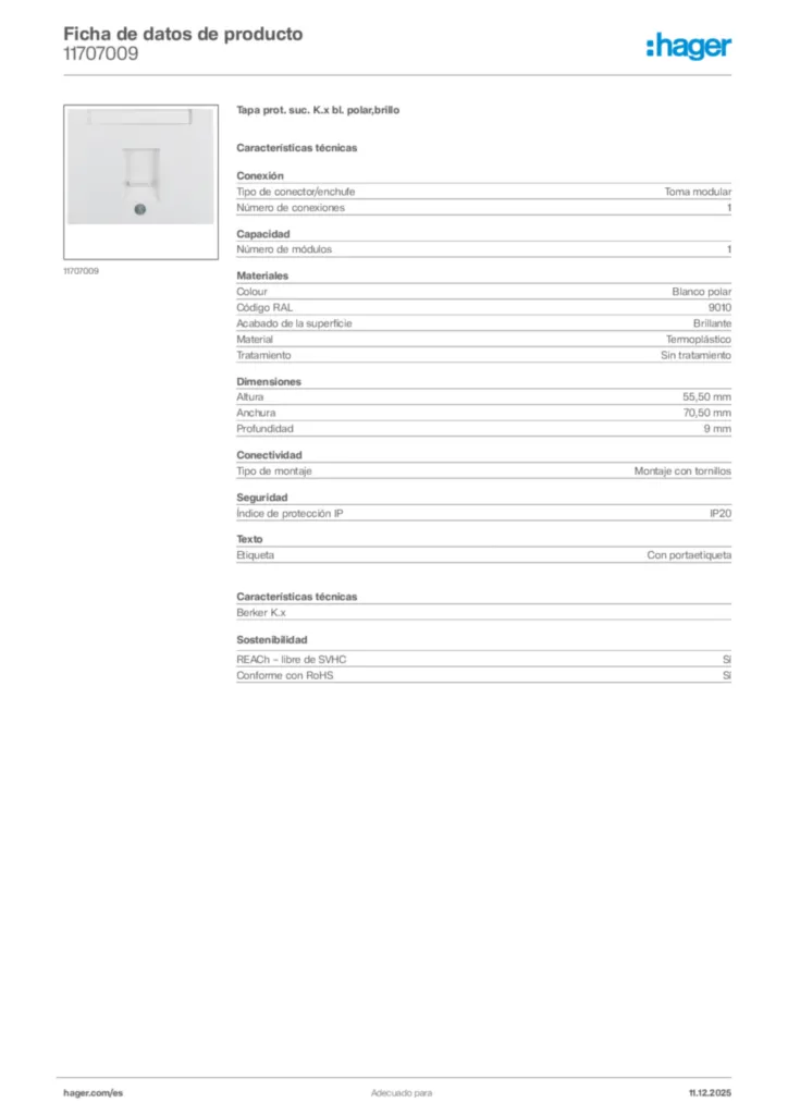 Imagen Hager Ficha de datos de producto 11707009 | Hager España