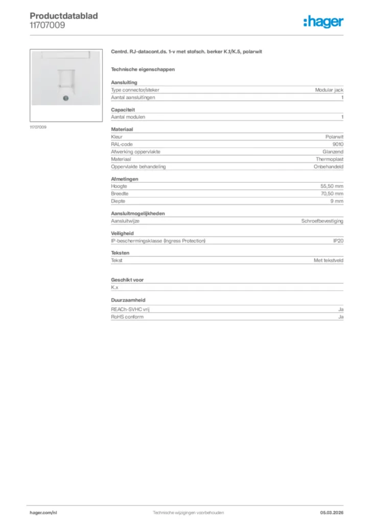 Afbeelding Hager Productdatablad 11707009 | Hager Nederland