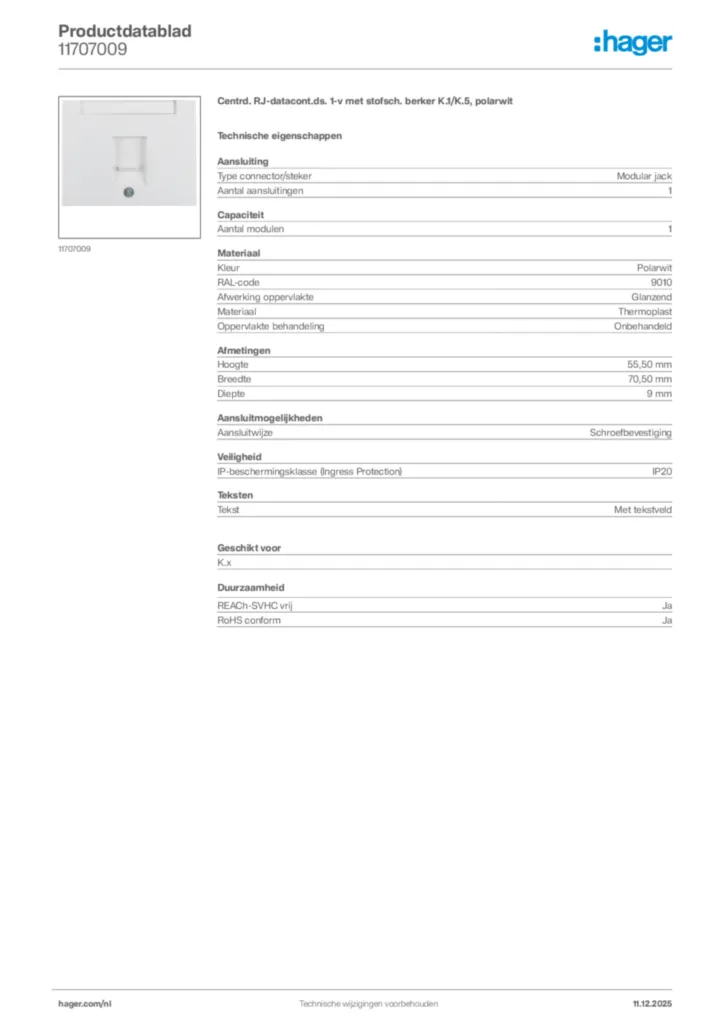 Afbeelding Hager Productdatablad 11707009 | Hager Nederland