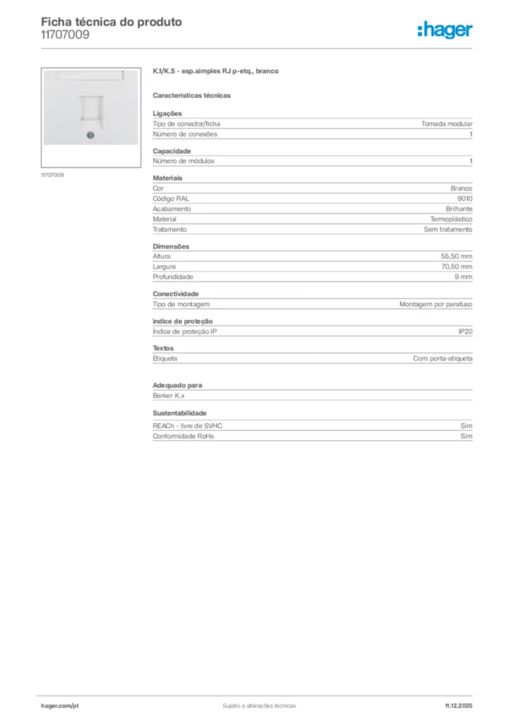 Imagem Hager Ficha técnica do produto 11707009 | Hager Portugal