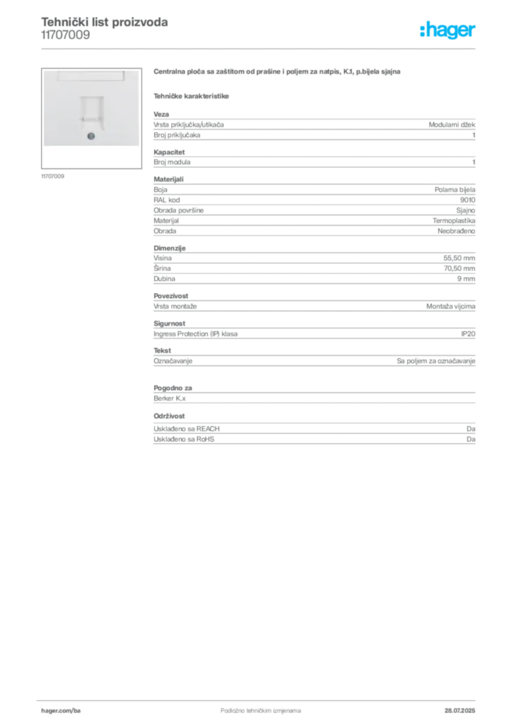 Slika Hager Product data sheet 11707009  | Hager