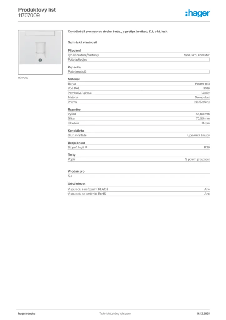 Obrázek Hager Produktový list 11707009 | Hager