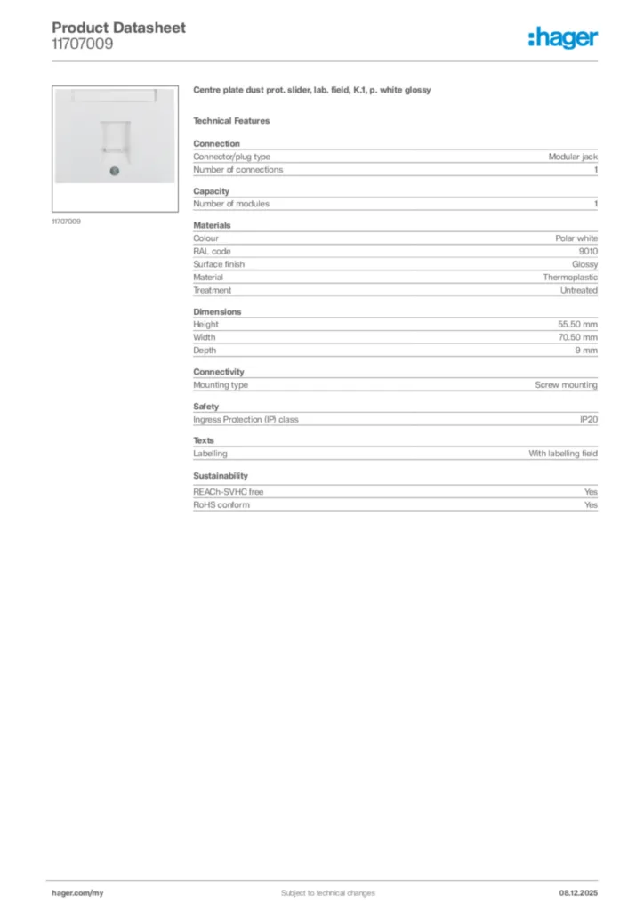 Image Hager Product data sheet 11707009  | Hager
