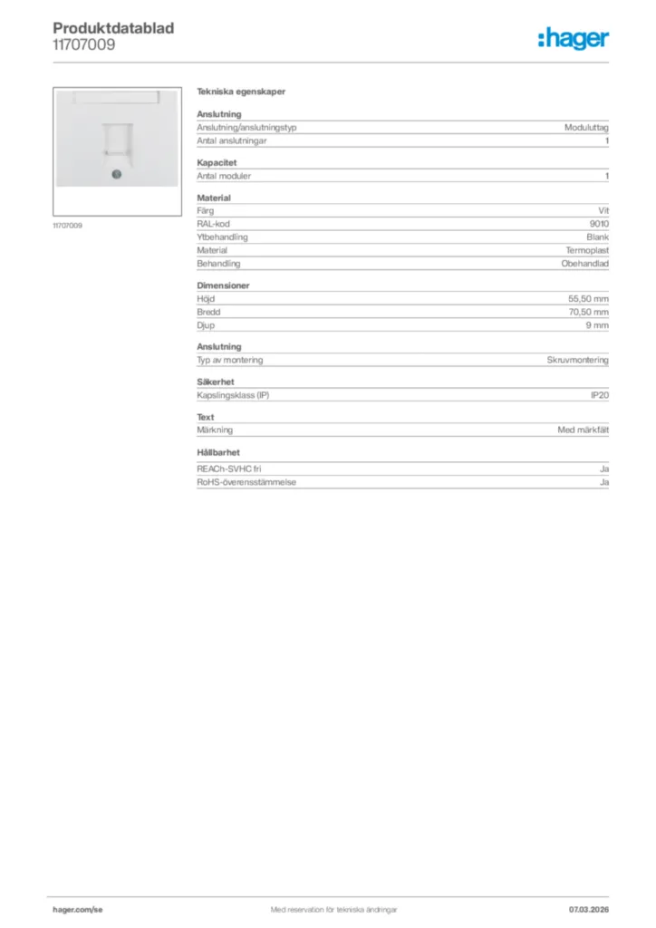 Bild Hager Produktdatablad 11707009 | Hager Sverige