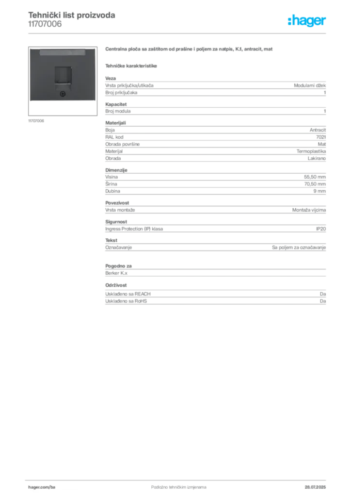 Slika Hager Product data sheet 11707006  | Hager
