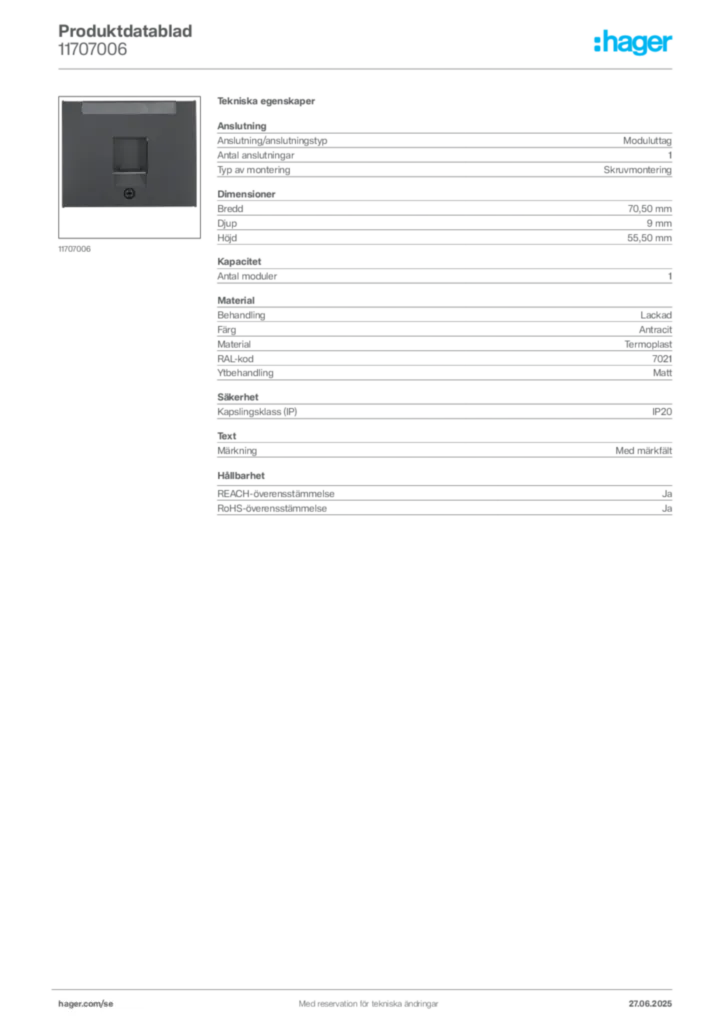 Bild Hager Produktdatablad 11707006 | Hager Sverige