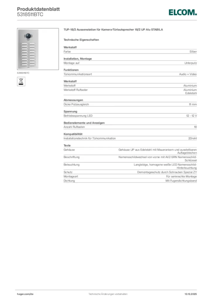 Bild Elcom Produktdatenblatt 5318511BTC | Hager Deutschland