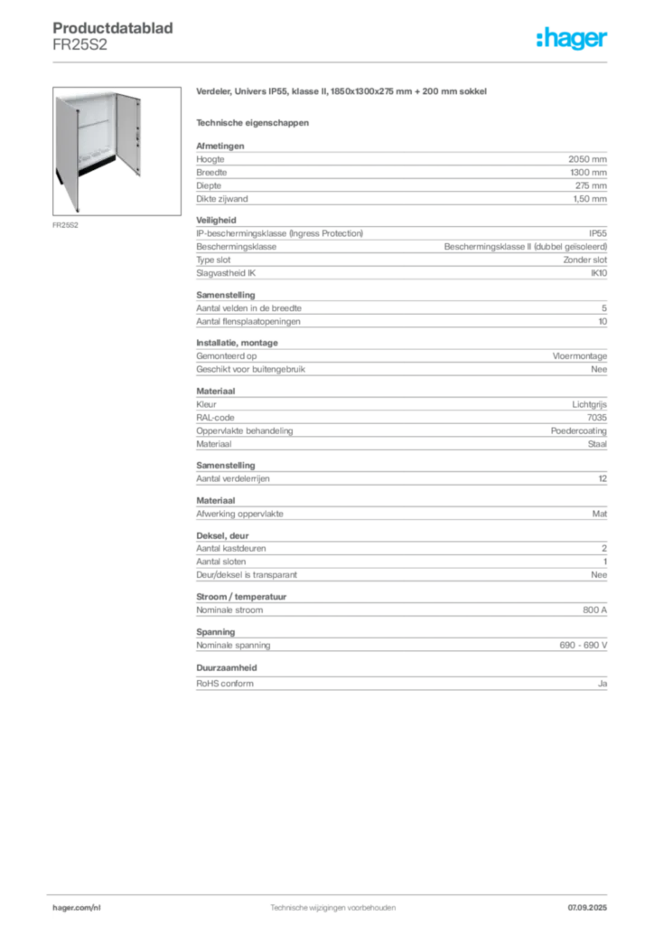 Afbeelding Hager Productdatablad FR25S2 | Hager Nederland