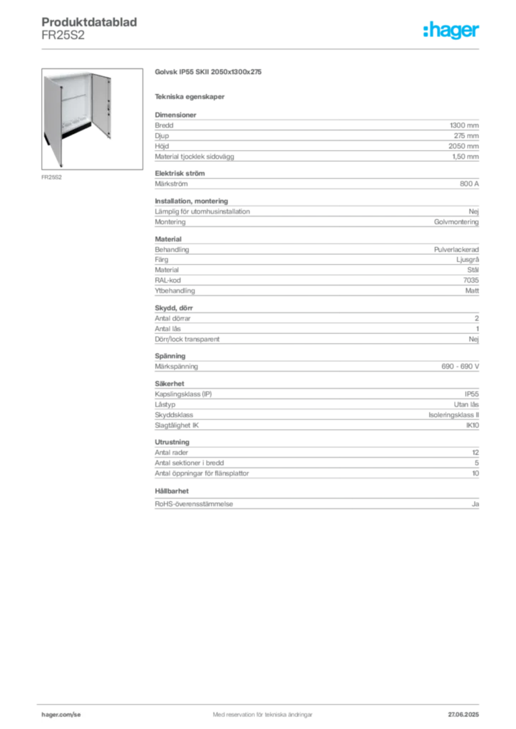 Bild Hager Produktdatablad FR25S2 | Hager Sverige