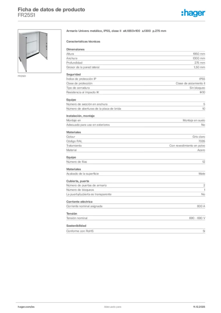 Imagen Hager Ficha de datos de producto FR25S1 | Hager España
