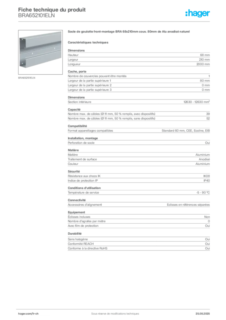 Image Hager Fiche technique du produit BRA652101ELN | Hager Suisse