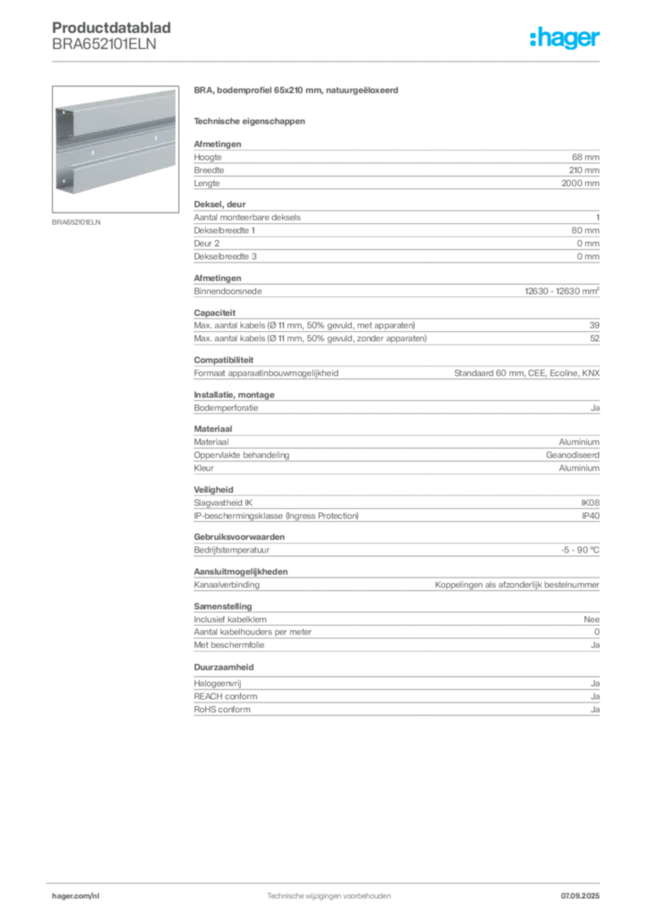 Afbeelding Hager Productdatablad BRA652101ELN | Hager Nederland