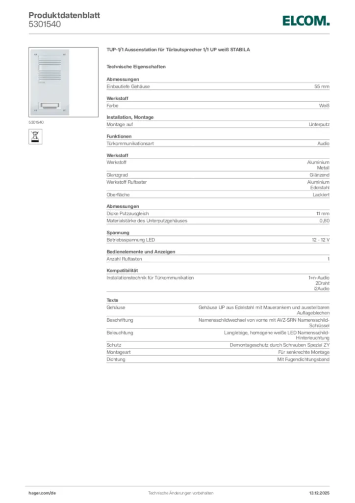 Bild Elcom Produktdatenblatt 5301540 | Hager Deutschland