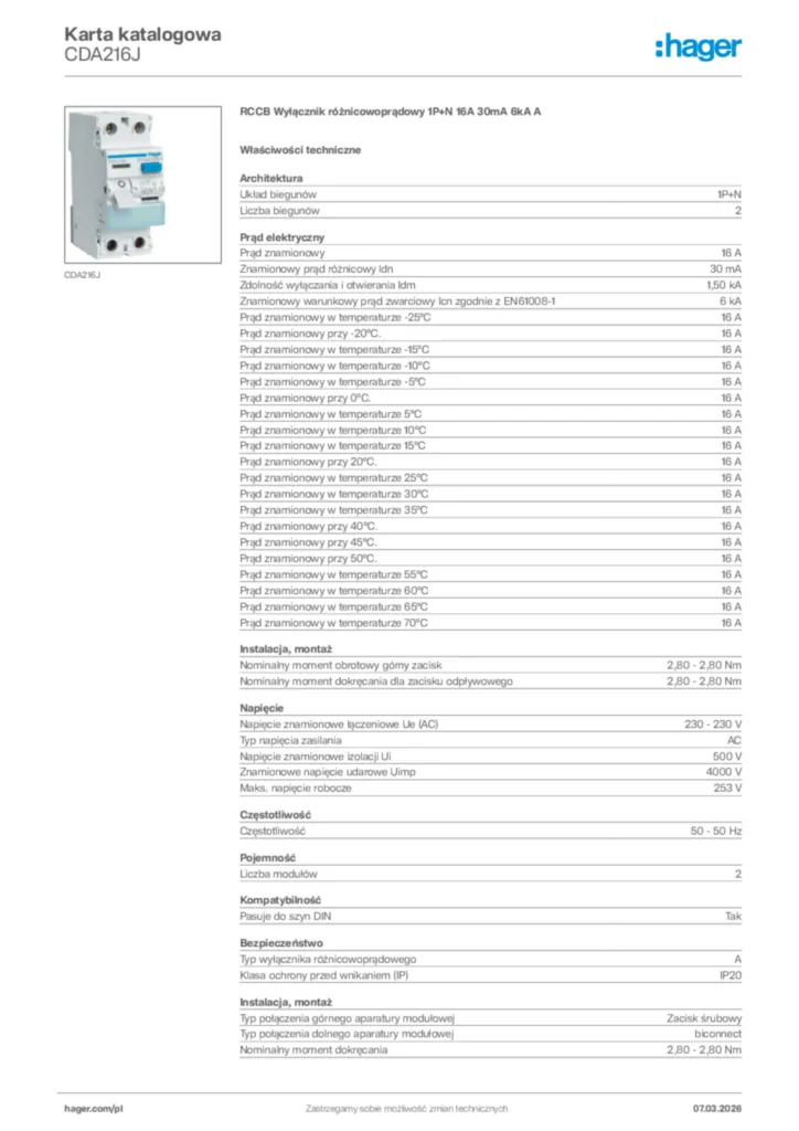 Zdjęcie Hager Karta katalogowa CDA216J | Hager Polska