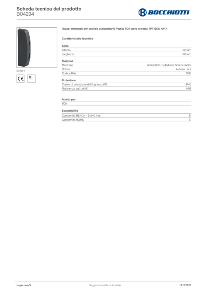 Immagine Bocchiotti Scheda tecnica del prodotto B04294 | Hager Italia