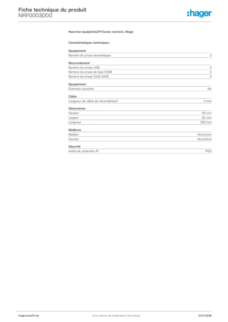Image Hager Fiche technique du produit NRF0003D00 | Hager Belgique