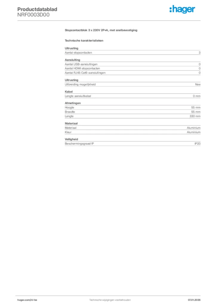 Afbeelding Hager Productdatablad NRF0003D00 | Hager Belgium