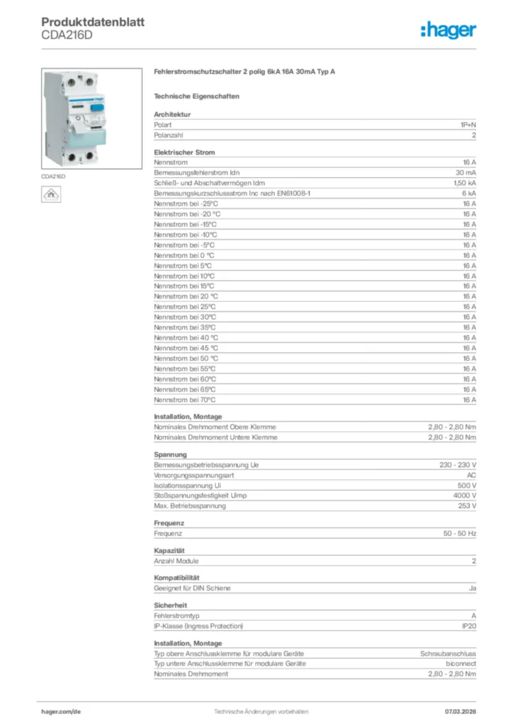 Bild Hager Produktdatenblatt CDA216D | Hager Deutschland