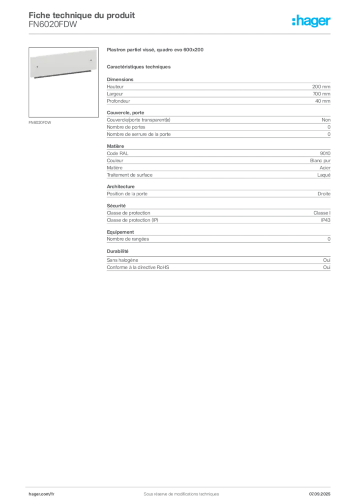 Image Hager Fiche technique du produit FN6020FDW | Hager France