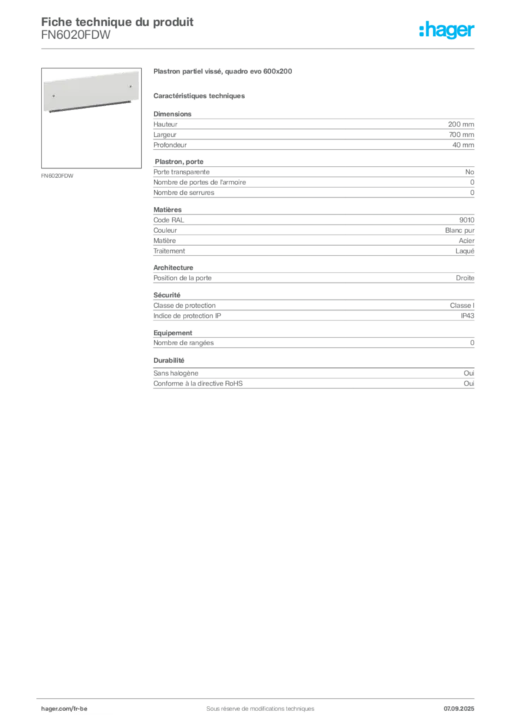 Image Hager Fiche technique du produit FN6020FDW | Hager Belgique