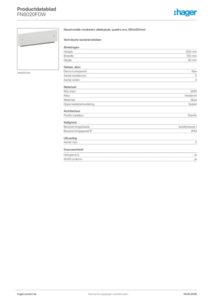 Afbeelding Hager Productdatablad FN6020FDW | Hager Belgium