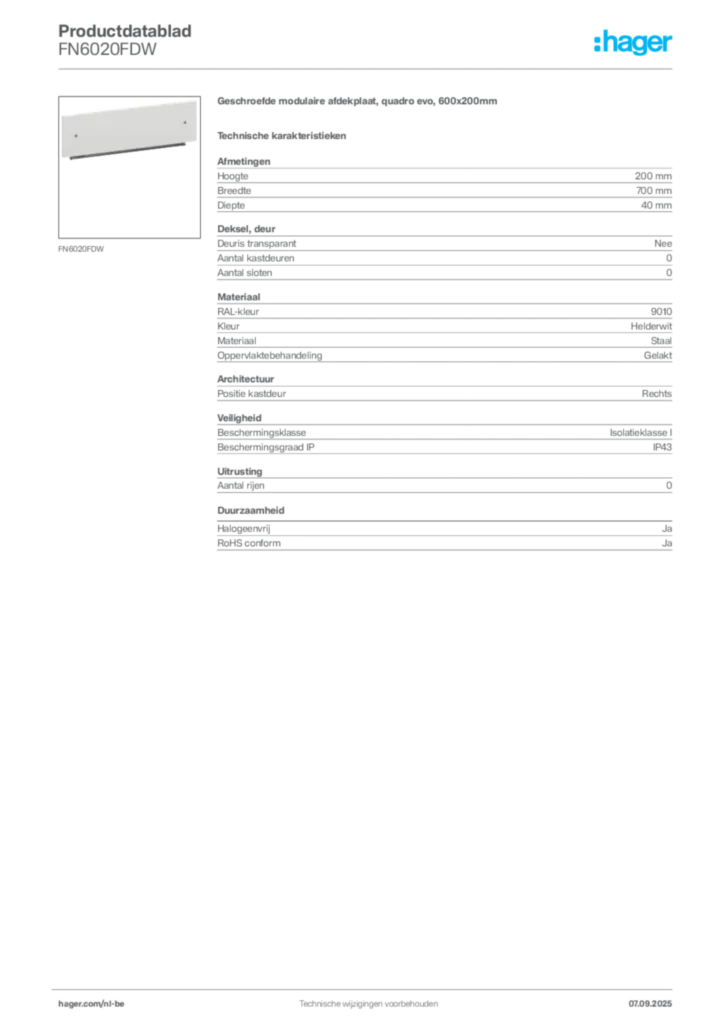 Afbeelding Hager Productdatablad FN6020FDW | Hager Belgium