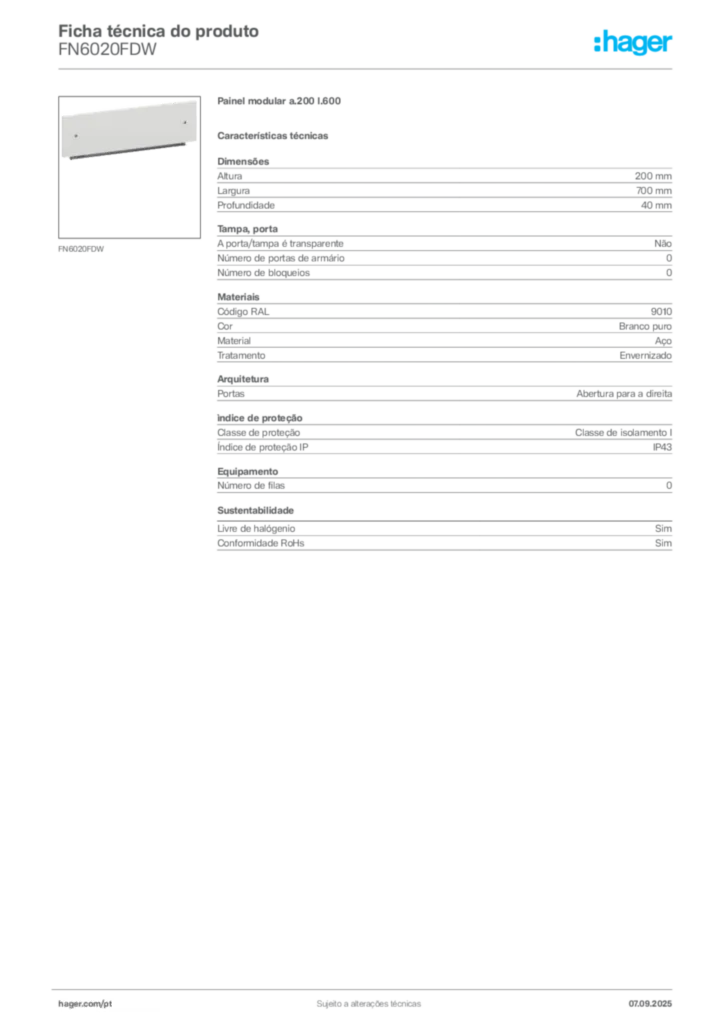 Imagem Hager Ficha técnica do produto FN6020FDW | Hager Portugal
