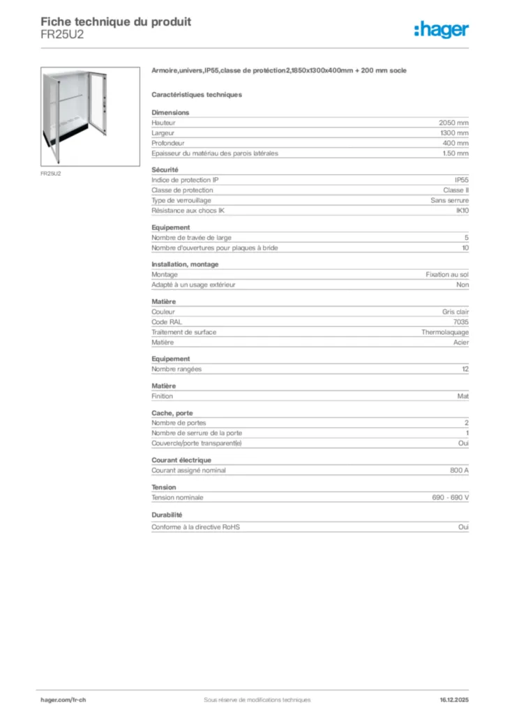 Image Hager Fiche technique du produit FR25U2 | Hager Suisse