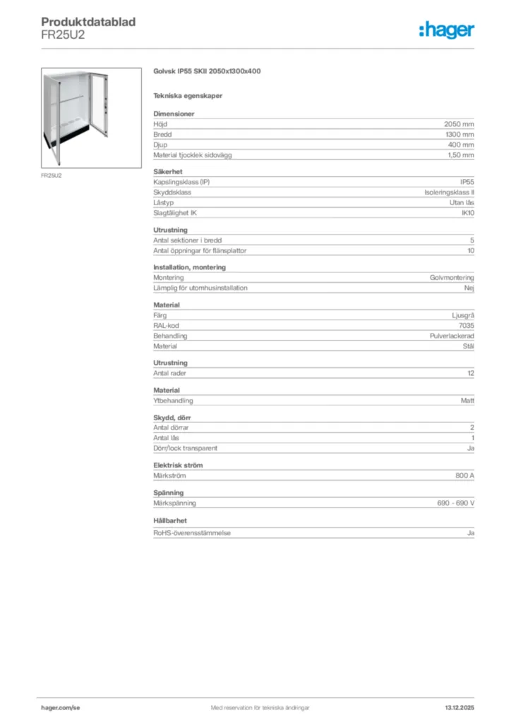 Bild Hager Produktdatablad FR25U2 | Hager Sverige