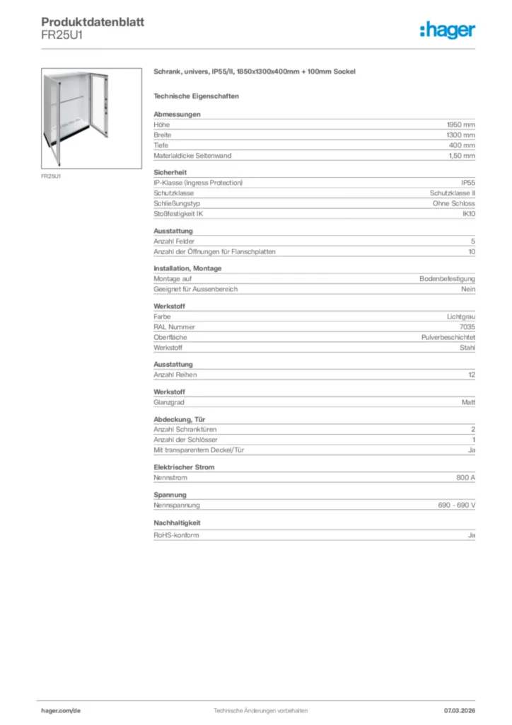 Bild Hager Produktdatenblatt FR25U1 | Hager Deutschland