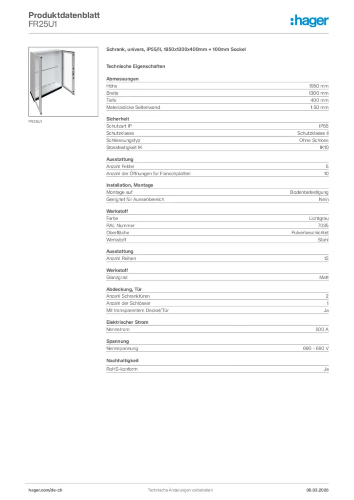 Bild Hager Produktdatenblatt FR25U1 | Hager Schweiz
