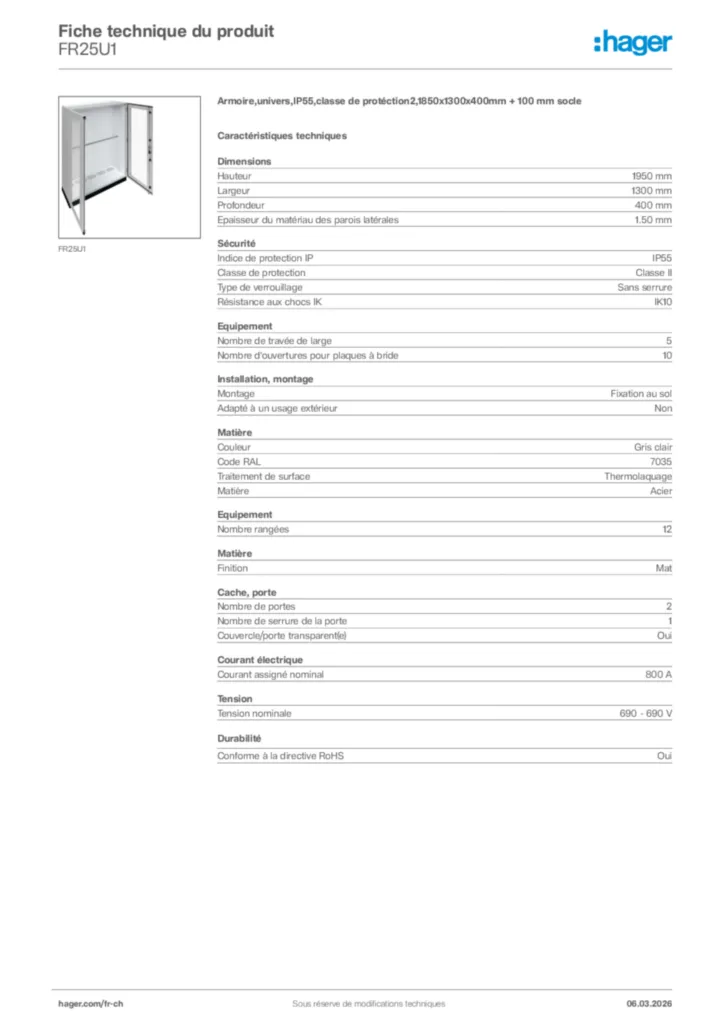 Image Hager Fiche technique du produit FR25U1 | Hager Suisse