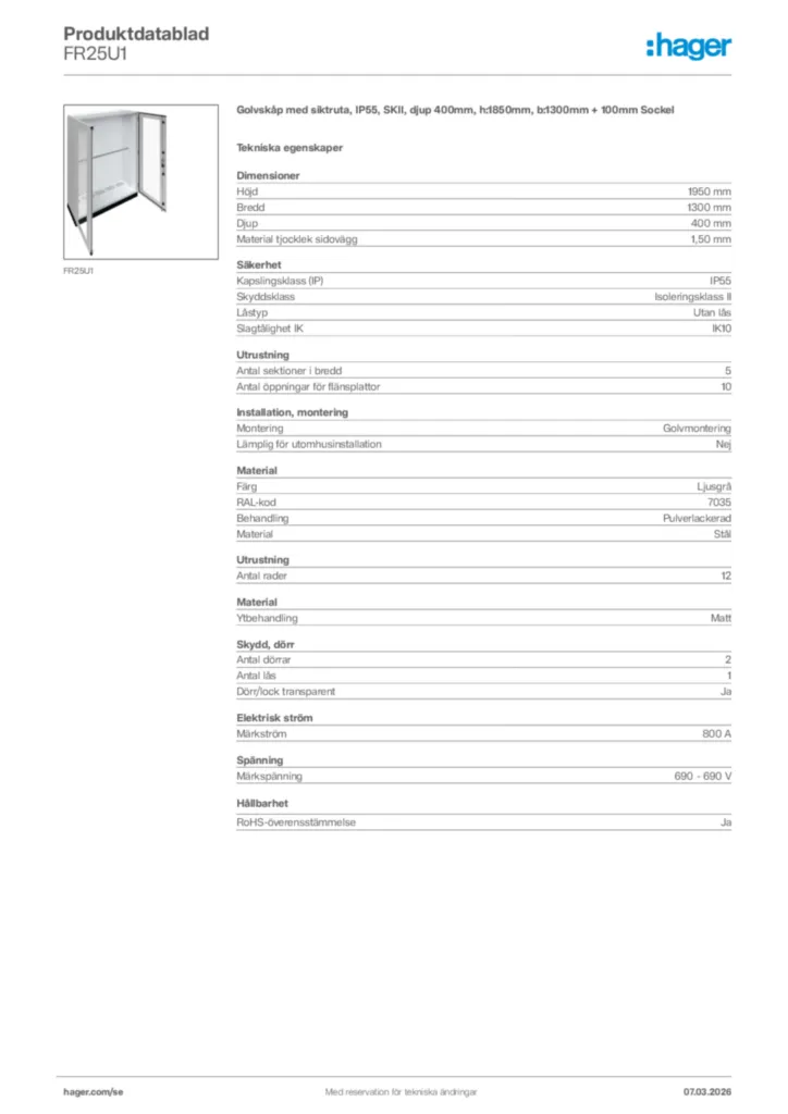 Bild Hager Produktdatablad FR25U1 | Hager Sverige