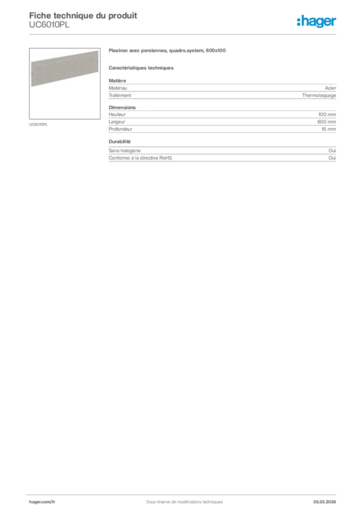 Image Hager Fiche technique du produit UC6010PL | Hager France