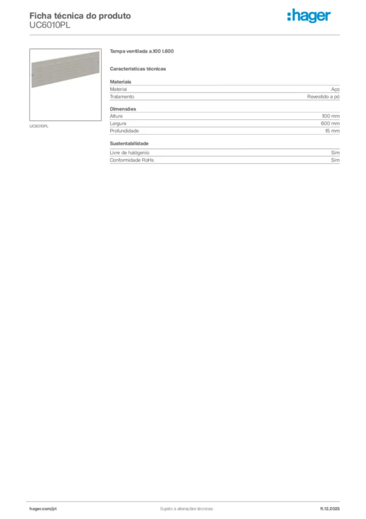 Imagem Hager Ficha técnica do produto UC6010PL | Hager Portugal