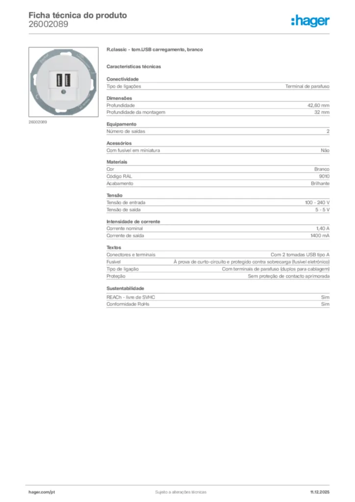 Imagem Hager Ficha técnica do produto 26002089 | Hager Portugal