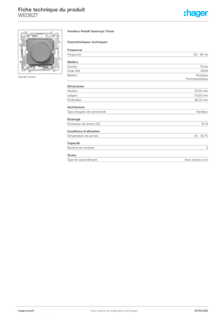 Image Hager Fiche technique du produit WE062T | Hager France
