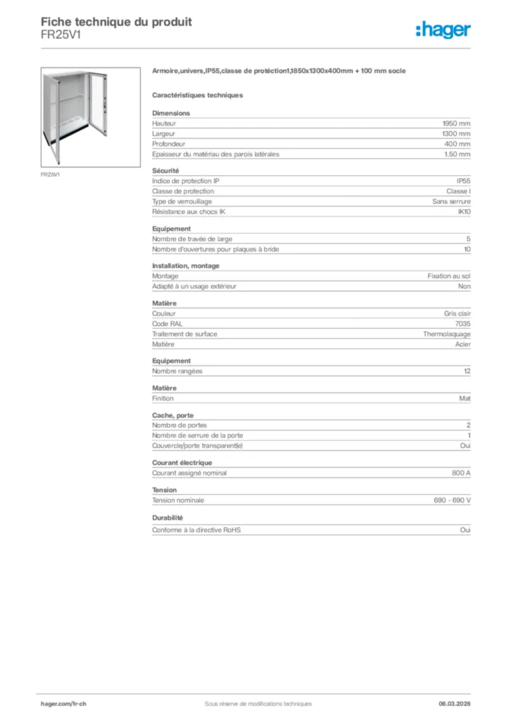 Image Hager Fiche technique du produit FR25V1 | Hager Suisse
