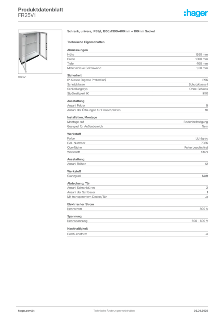 Bild Hager Produktdatenblatt FR25V1 | Hager Deutschland