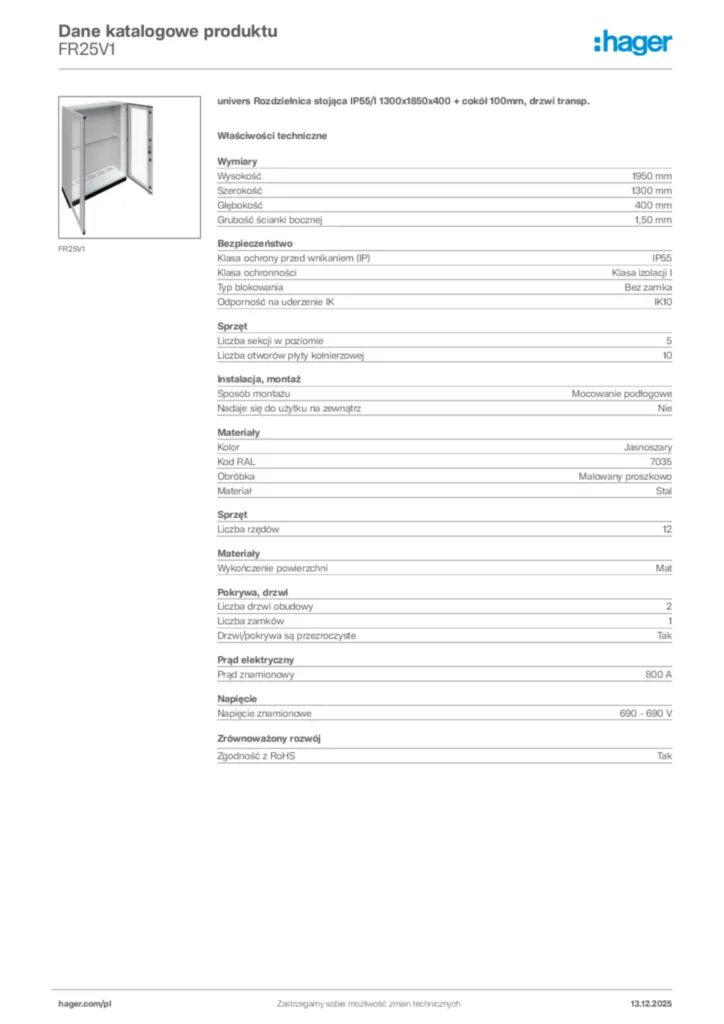 Zdjęcie Hager Karta katalogowa FR25V1 | Hager Polska