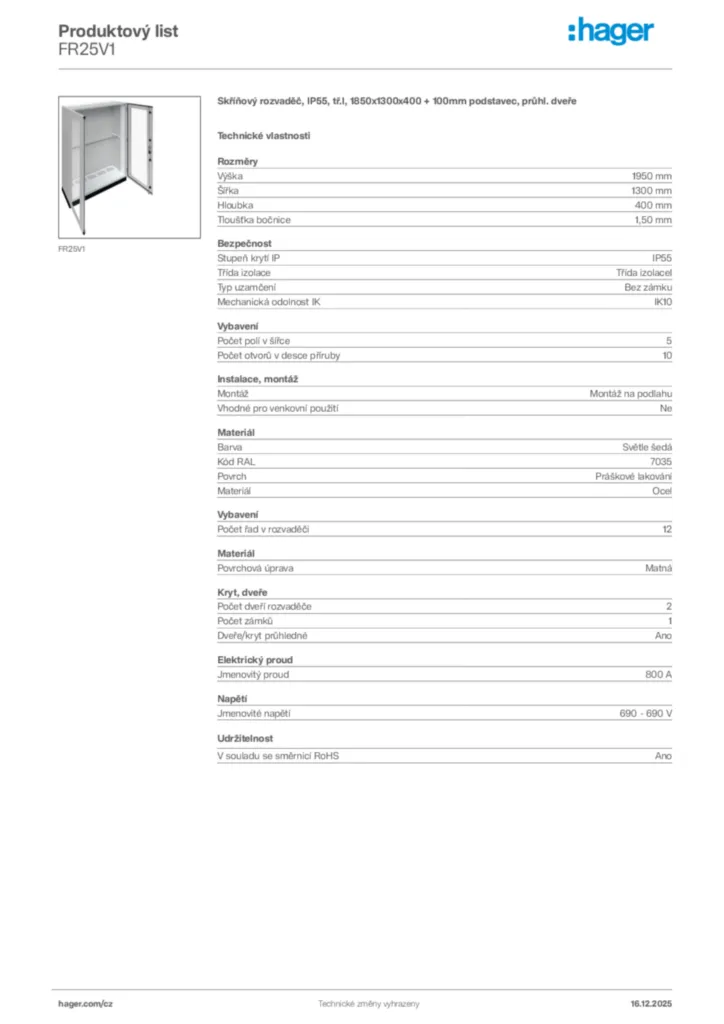 Obrázek Hager Produktový list FR25V1 | Hager