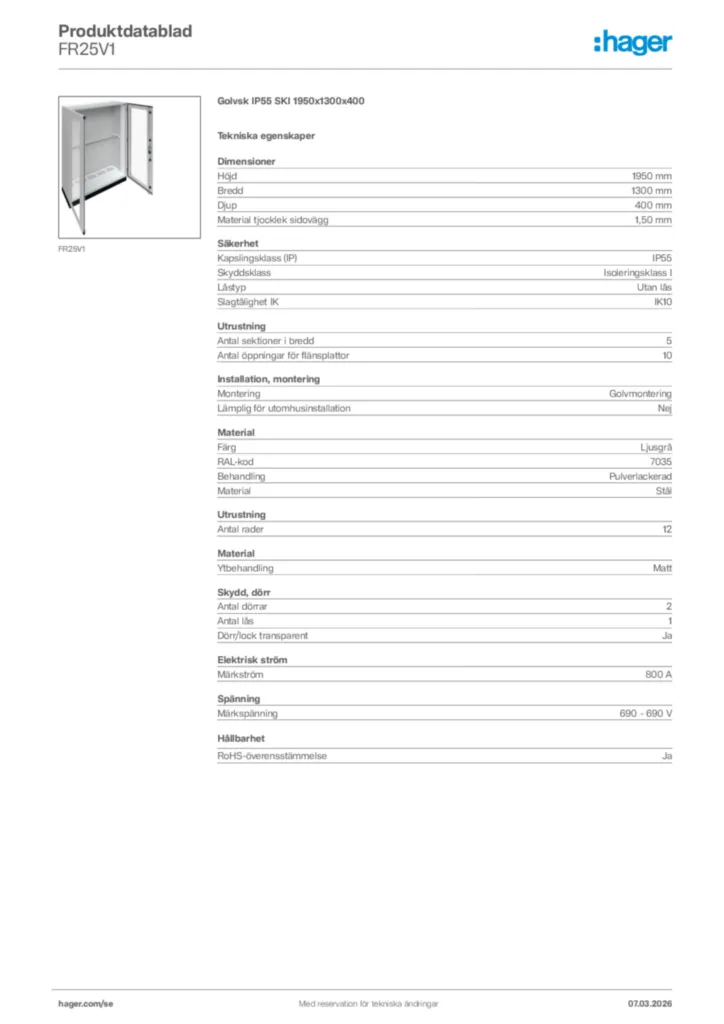 Bild Hager Produktdatablad FR25V1 | Hager Sverige