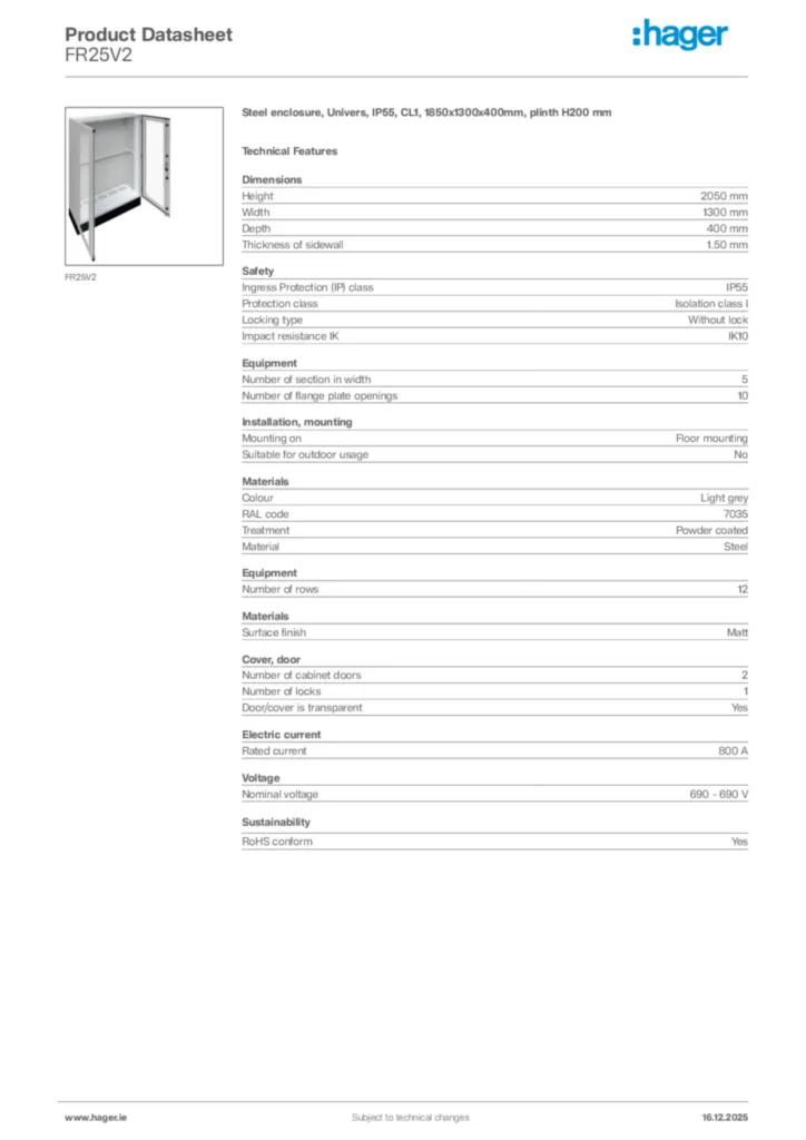 Image Hager Product data sheet FR25V2  | Hager