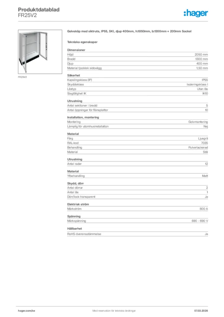 Bild Hager Produktdatablad FR25V2 | Hager Sverige