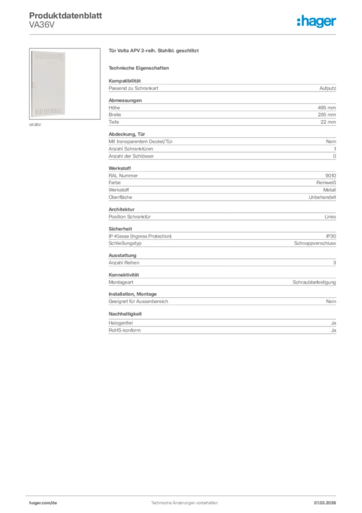 Bild Hager Produktdatenblatt VA36V | Hager Deutschland