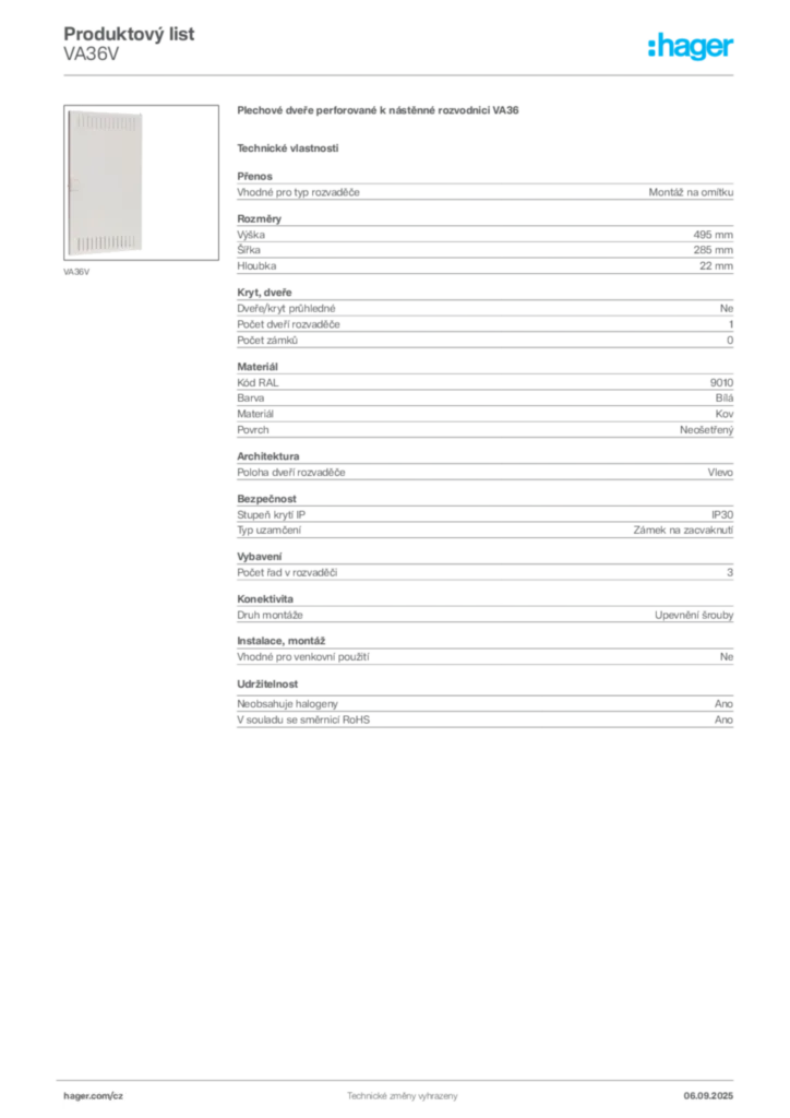 Obrázek Hager Produktový list VA36V | Hager