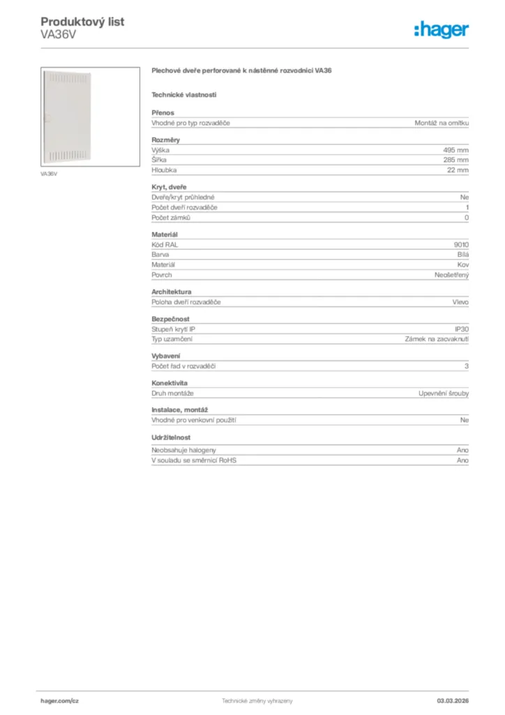 Obrázek Hager Product data sheet VA36V | Hager