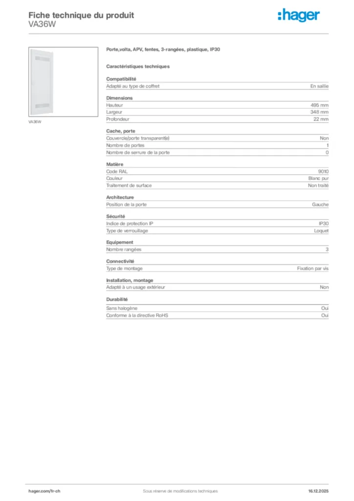 Image Hager Fiche technique du produit VA36W | Hager Suisse
